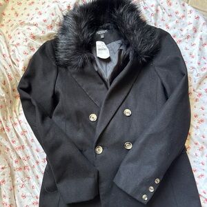 Topshop Black Faux-Fur Collar Double-Breasted Coat